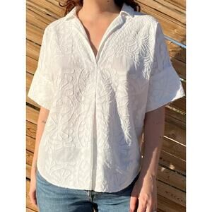 Pilcro Anthropologie Floral Embroidered Short Sleeve Top size XS white oversized